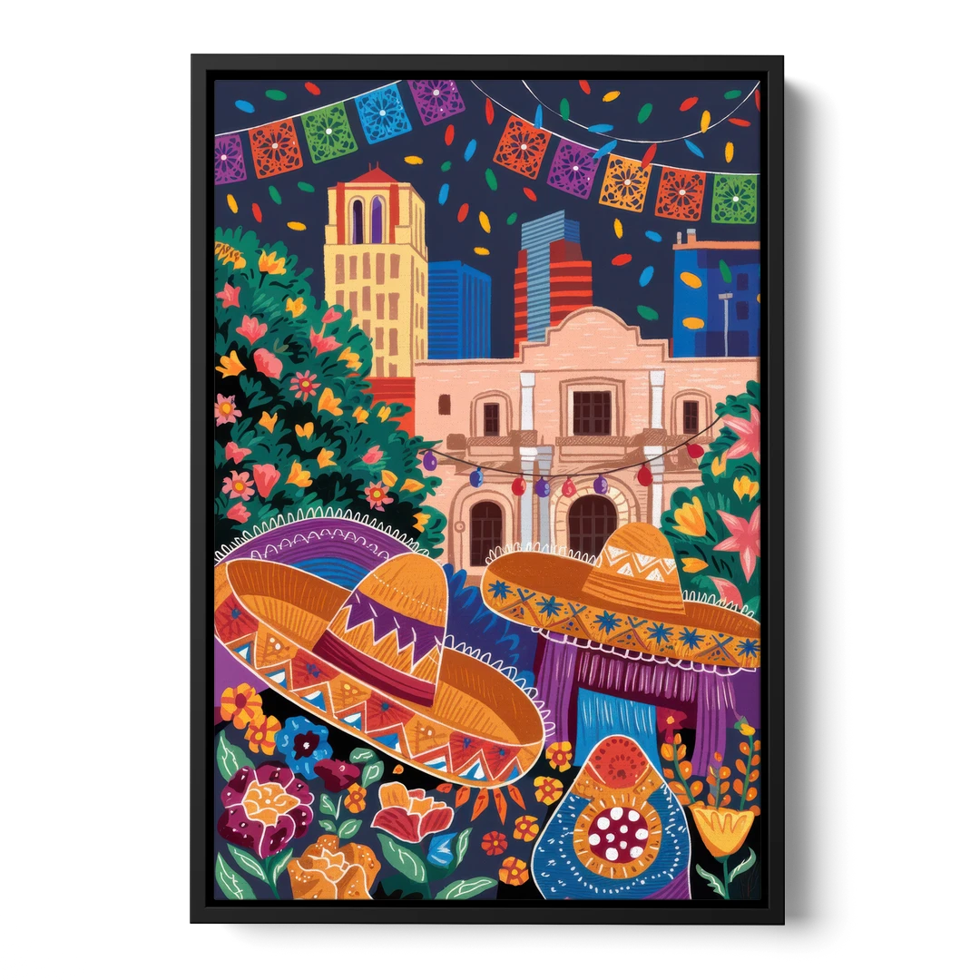 San Antonio Fiesta Colors - Black Framed Canvas Wall Art - Front