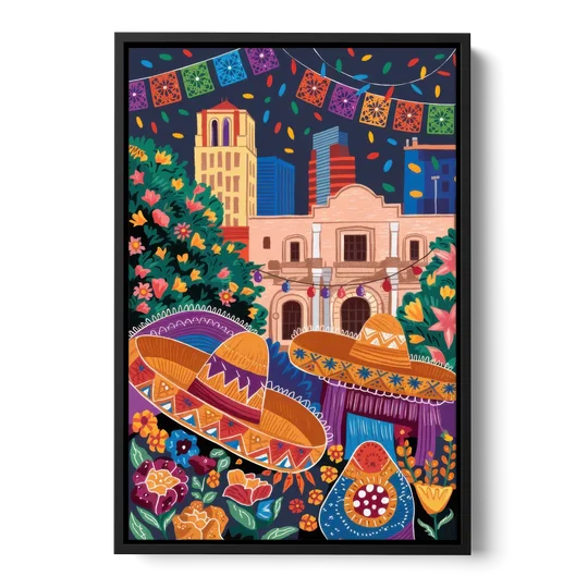 San Antonio Fiesta Colors - Black Framed Canvas Wall Art - Front