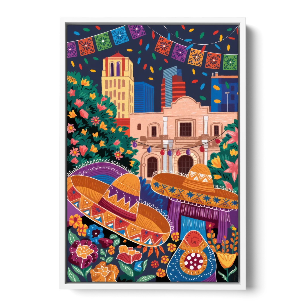 San Antonio Fiesta Colors - White Framed Canvas Wall Art - Front