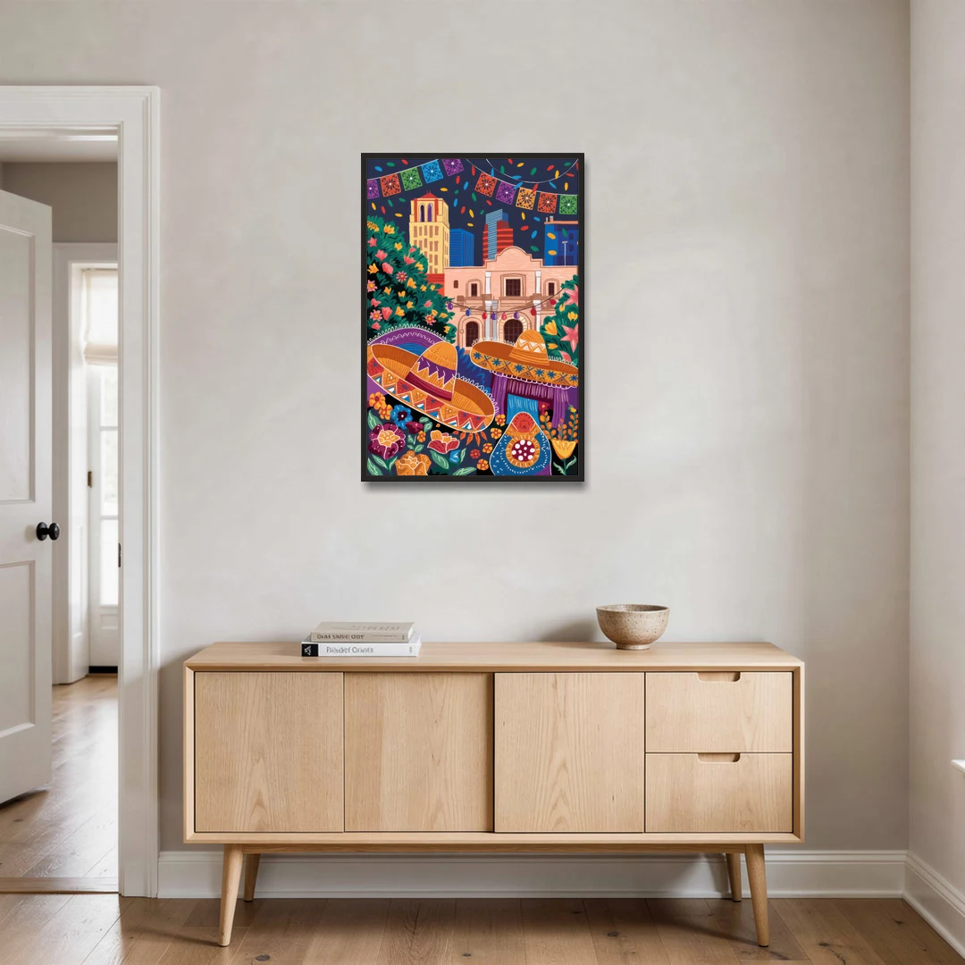 San Antonio Fiesta Colors - Black Framed Canvas Wall Art - Coffee Table - 24x36