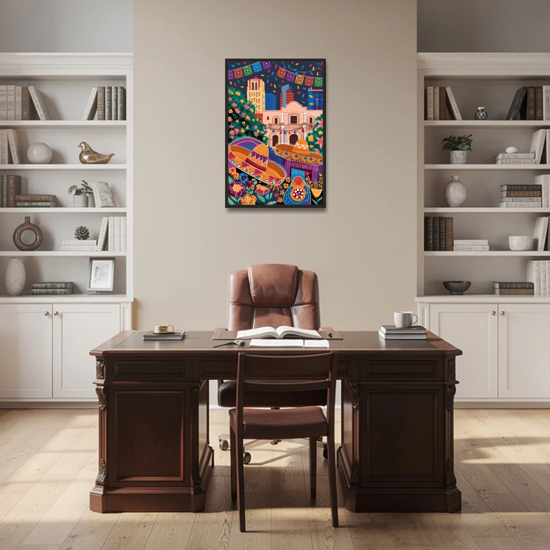 San Antonio Fiesta Colors - Black Framed Canvas Wall Art - Office - 24x36