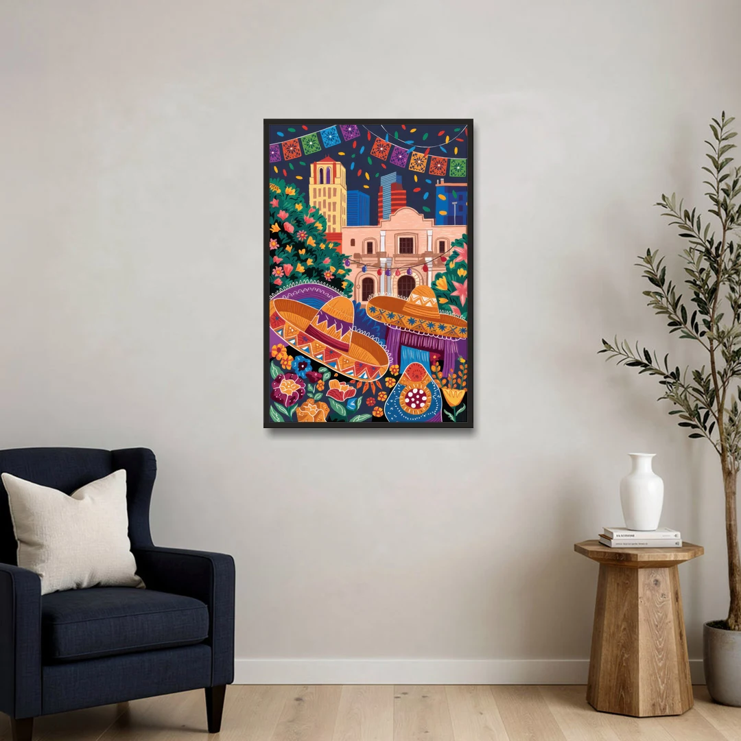 San Antonio Fiesta Colors - Black Framed Canvas Wall Art - Sofa - 24x36