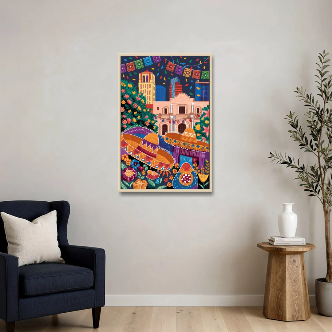 San Antonio Fiesta Colors - Oak Framed Canvas Wall Art - Sofa - 24x36