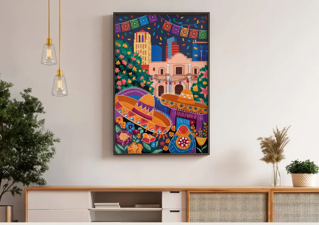 San Antonio Fiesta Colors canvas wall art above a wooden sideboard under pendant lights