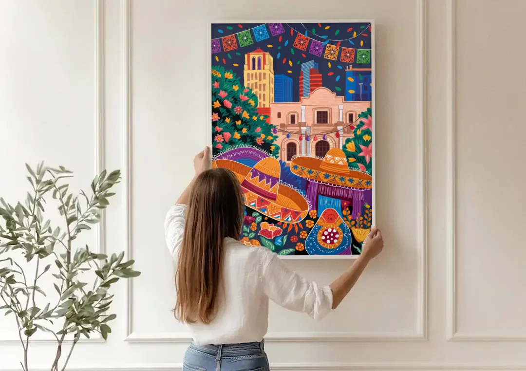 San Antonio Fiesta Colors canvas wall art being hung on a paneled wall