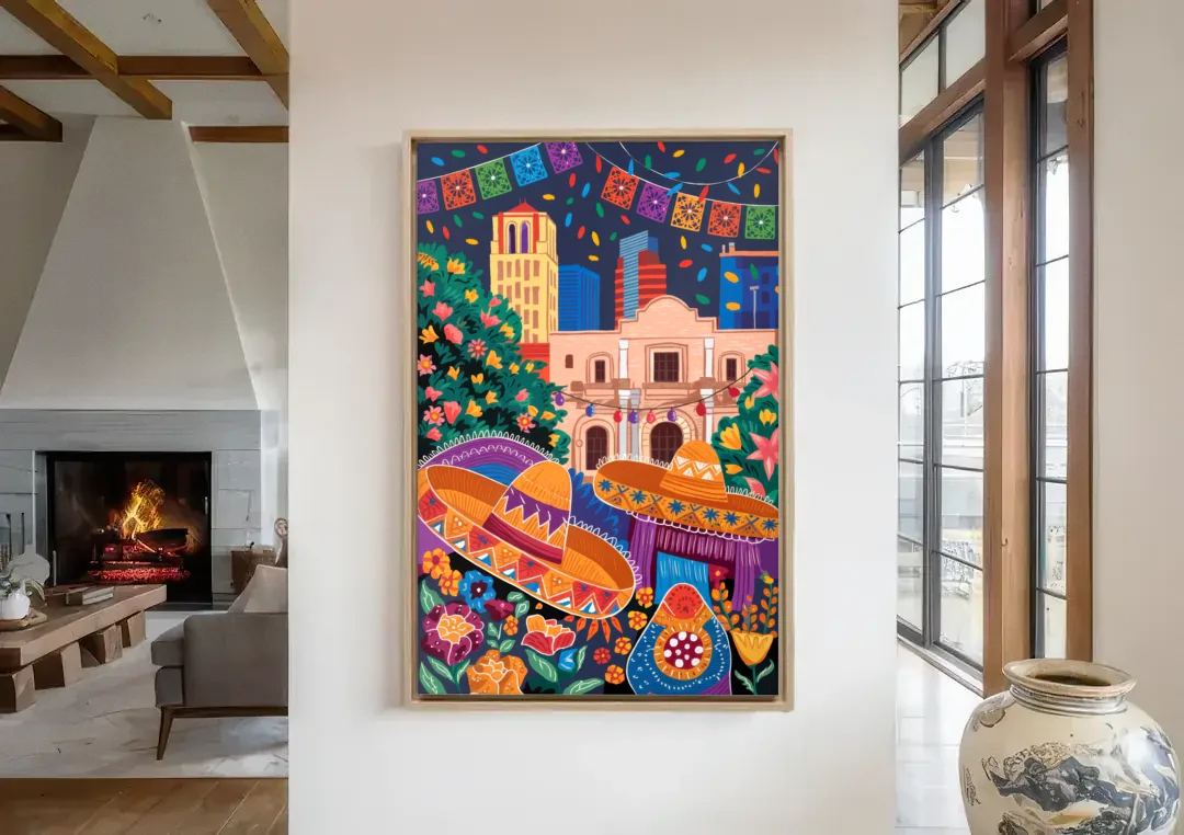 San Antonio Fiesta Colors canvas wall art in a living room with a fireplace