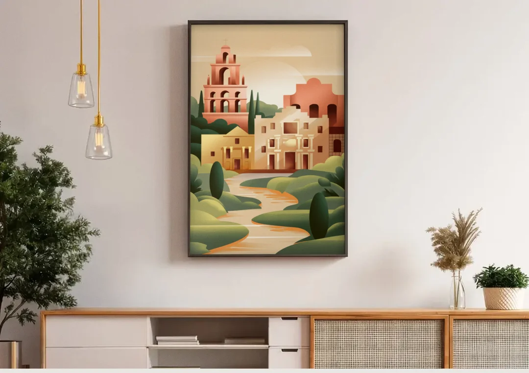 San Antonio Historic Missions canvas wall art above a wooden sideboard under pendant lights