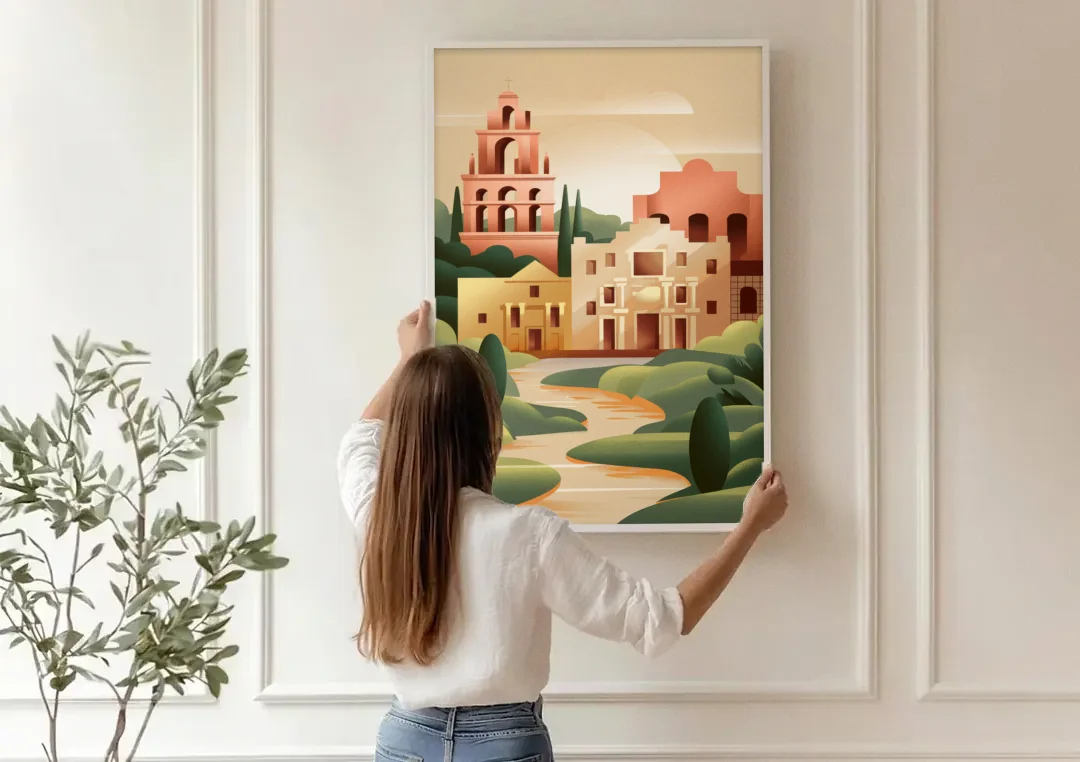 San Antonio Historic Missions canvas wall art being hung on a paneled wall