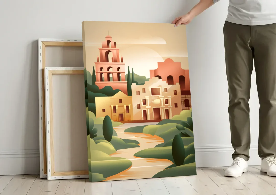 San Antonio Historic Missions canvas wall art leaning against a wall next to blank canvases