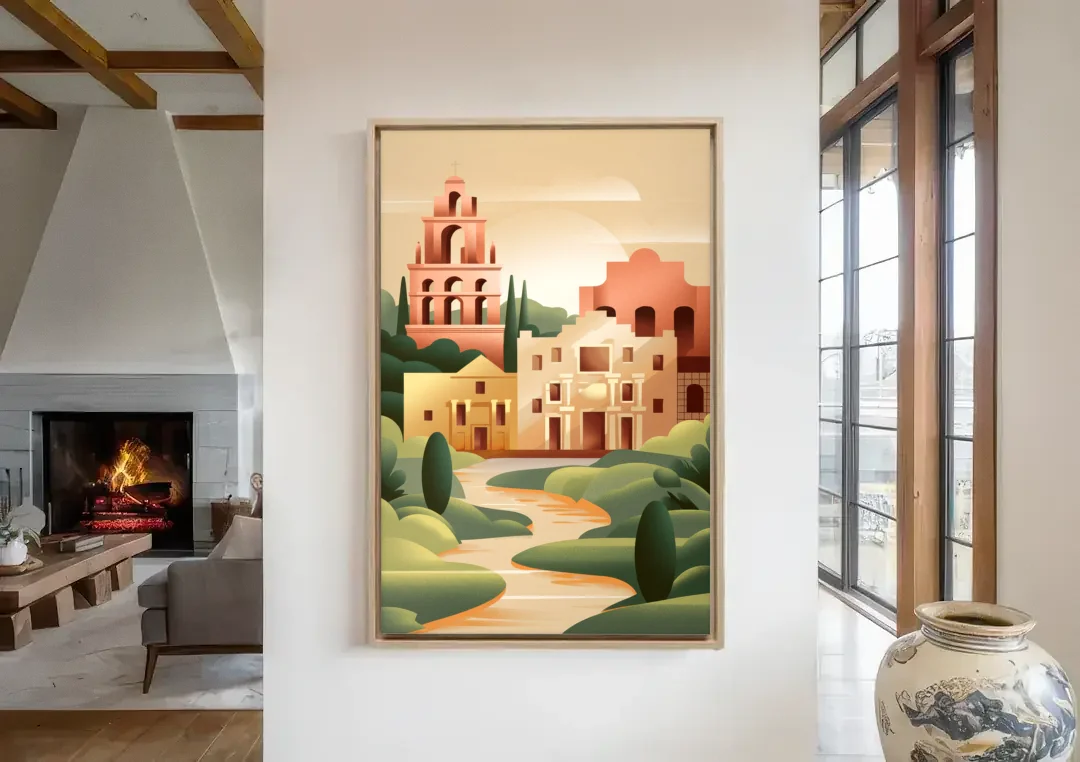 San Antonio Historic Missions canvas wall art in a living room with a fireplace