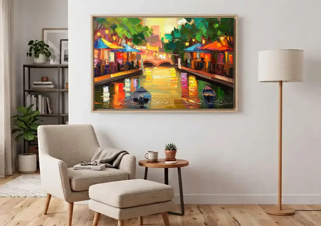San Antonio Riverwalk Charm canvas wall art above an armchair in a bright living room