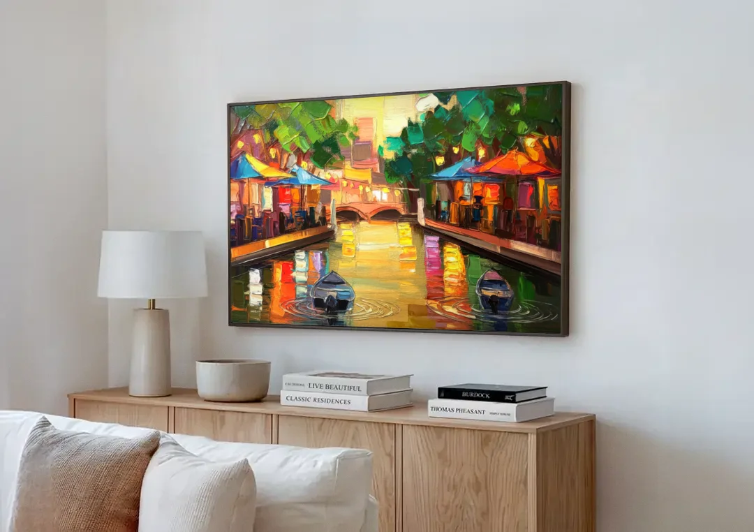 San Antonio Riverwalk Charm canvas wall art above a wooden sideboard next to a sofa