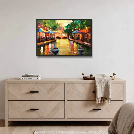 San Antonio Riverwalk Charm - Black Framed Canvas Wall Art - Coffee Table - 36x24