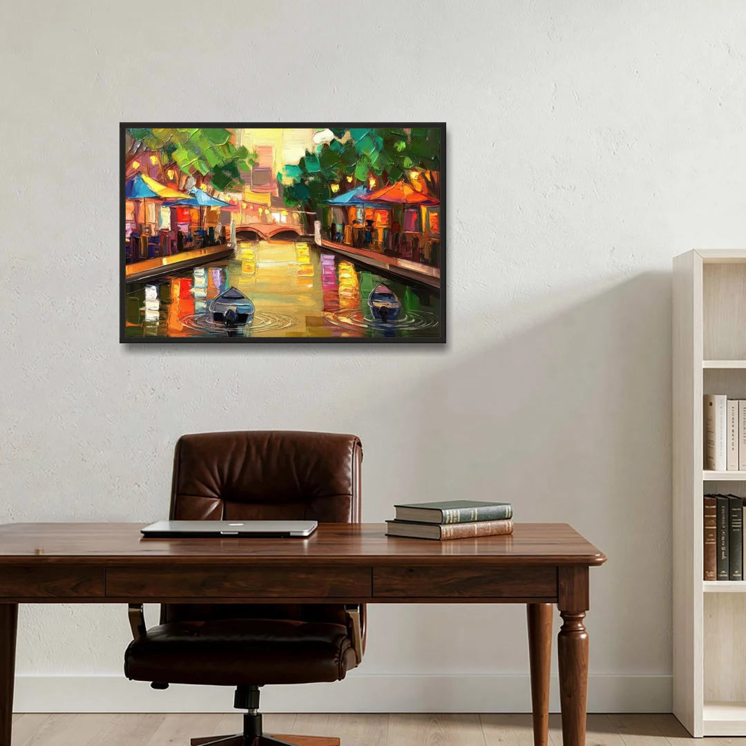San Antonio Riverwalk Charm - Black Framed Canvas Wall Art - Office - 36x24