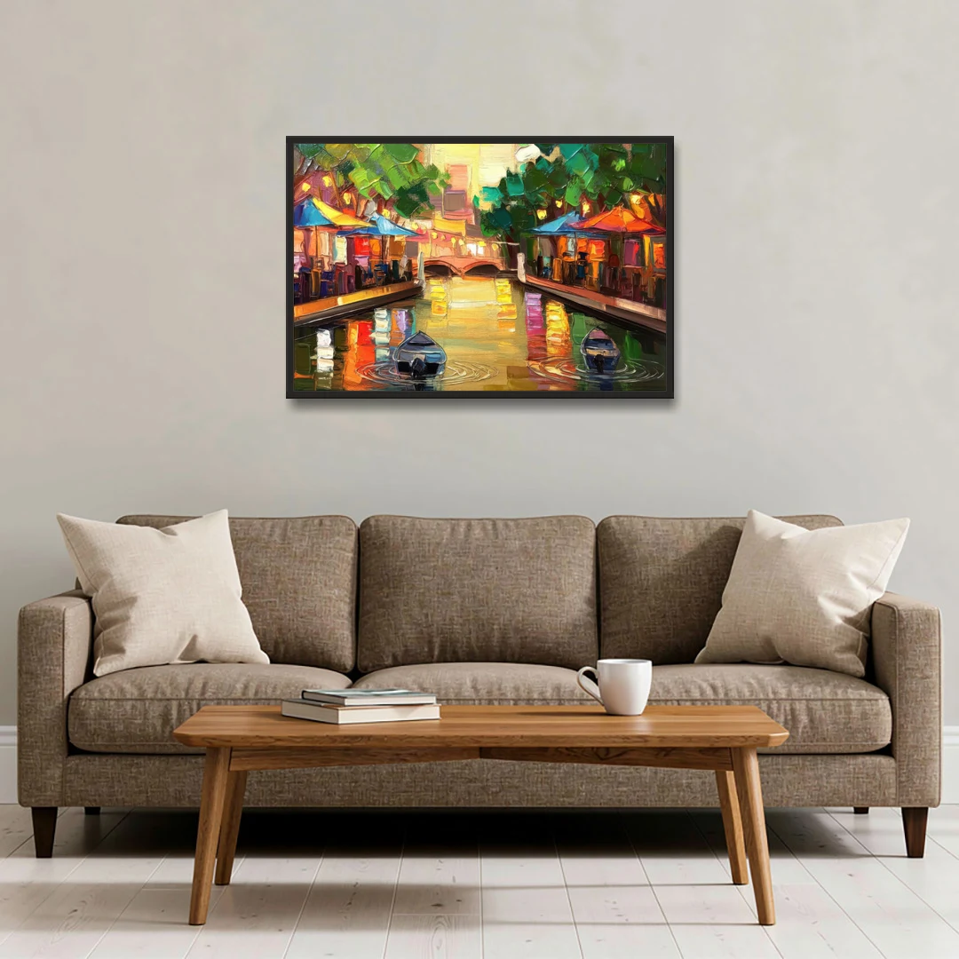 San Antonio Riverwalk Charm - Black Framed Canvas Wall Art - Sofa - 36x24