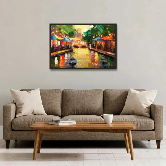 San Antonio Riverwalk Charm - Black Framed Canvas Wall Art - Sofa - 36x24