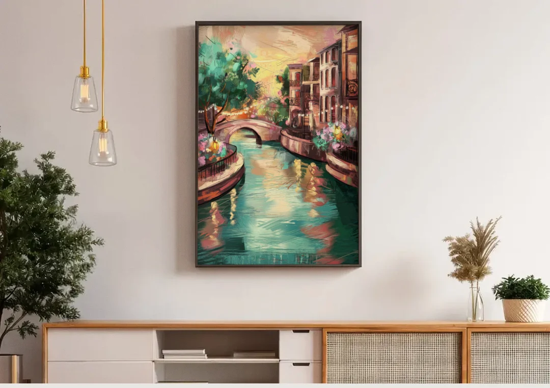 San Antonio Scenic Riverwalk canvas wall art above a wooden sideboard under pendant lights