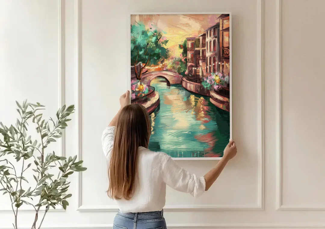 San Antonio Scenic Riverwalk canvas wall art being hung on a paneled wall