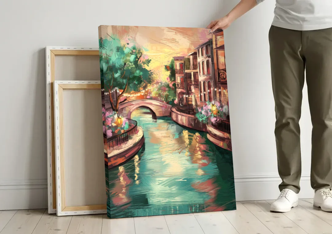 San Antonio Scenic Riverwalk canvas wall art leaning against a wall next to blank canvases