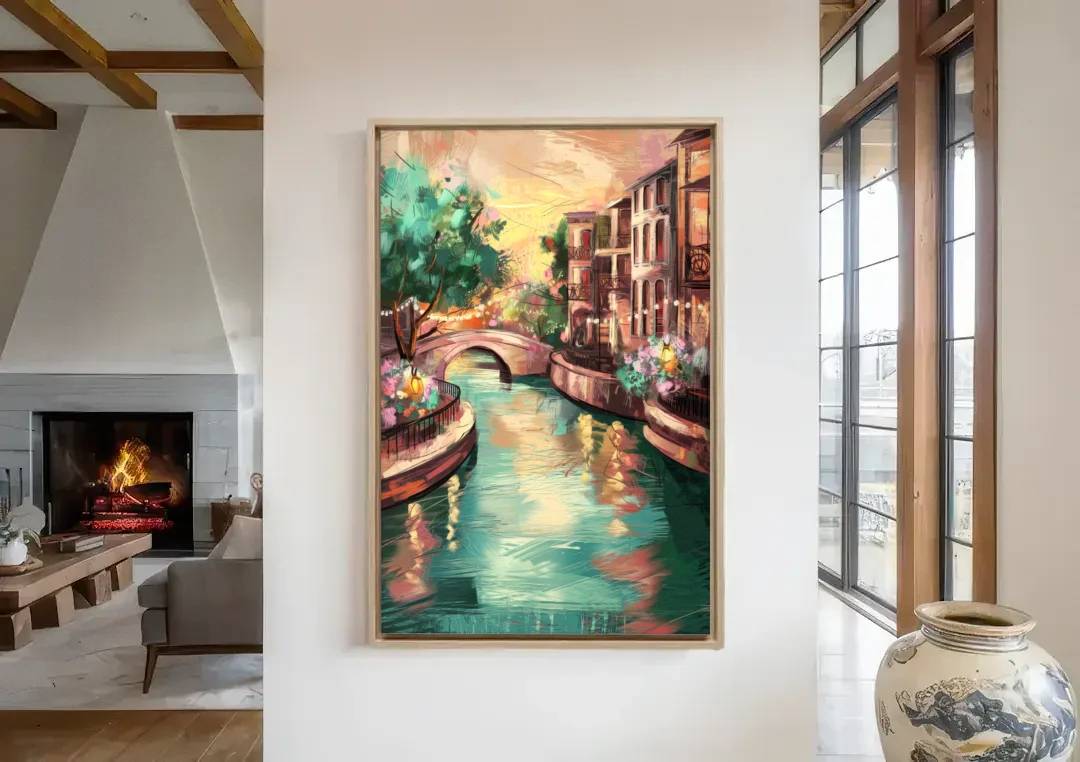San Antonio Scenic Riverwalk canvas wall art in a living room with a fireplace
