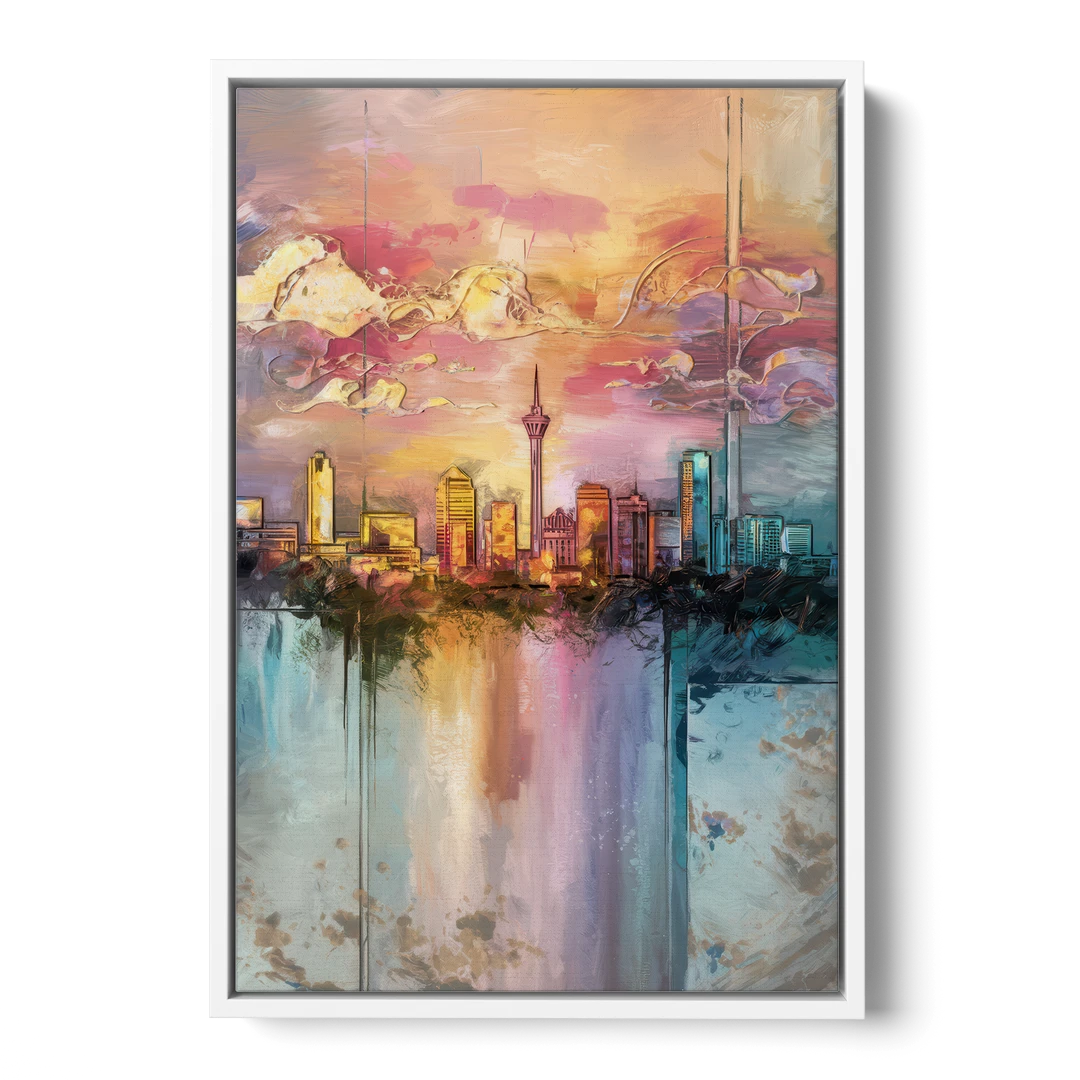 San Antonio Skyline Sunset - White Framed Canvas Wall Art - Front