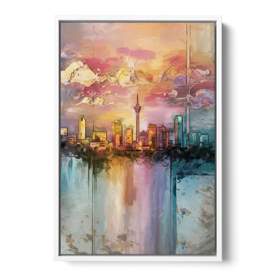 San Antonio Skyline Sunset - White Framed Canvas Wall Art - Front