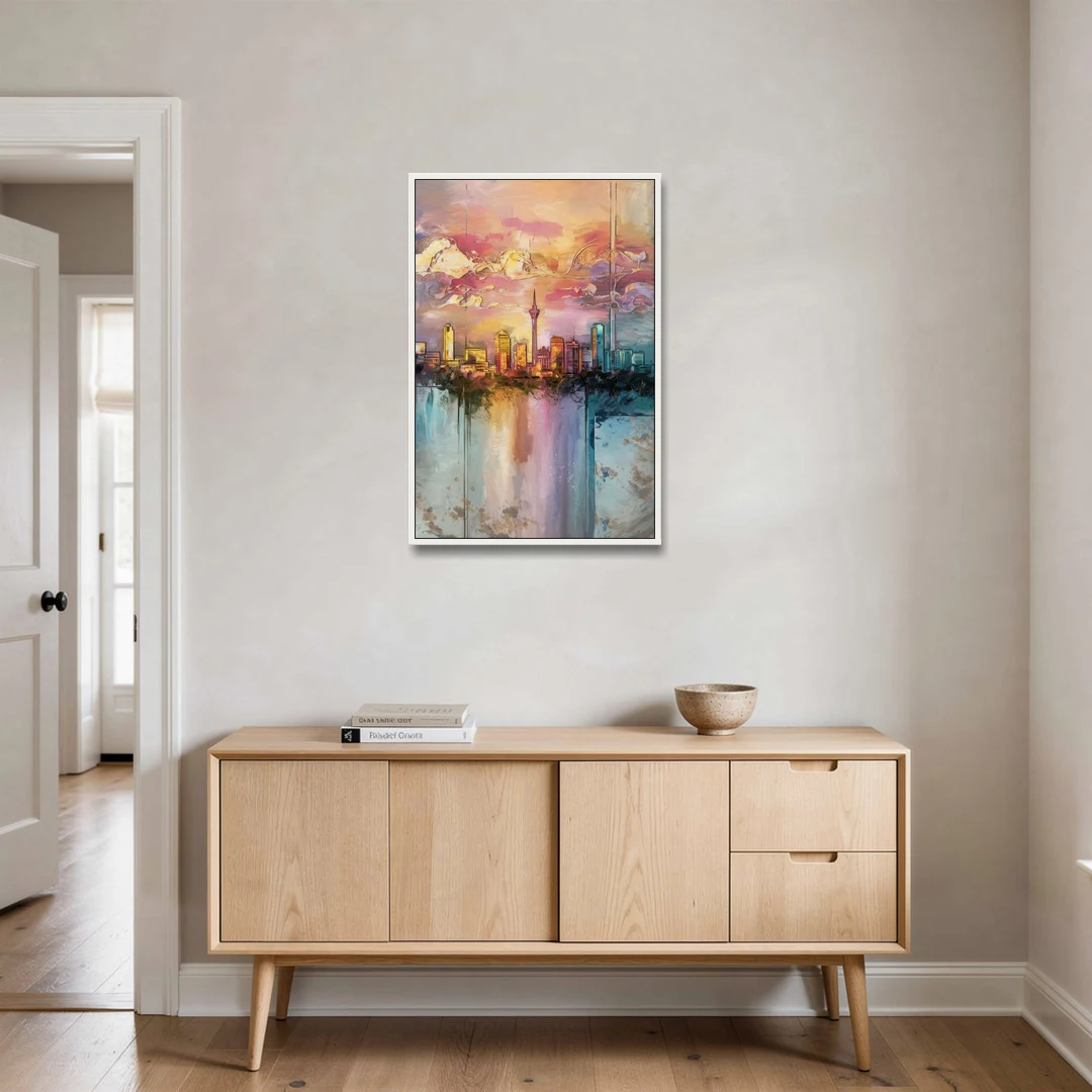 San Antonio Skyline Sunset - White Framed Canvas Wall Art - Coffee Table - 24x36