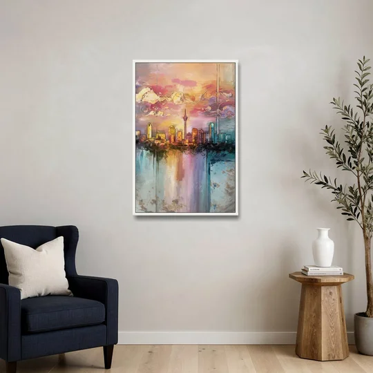 San Antonio Skyline Sunset - White Framed Canvas Wall Art - Sofa - 24x36