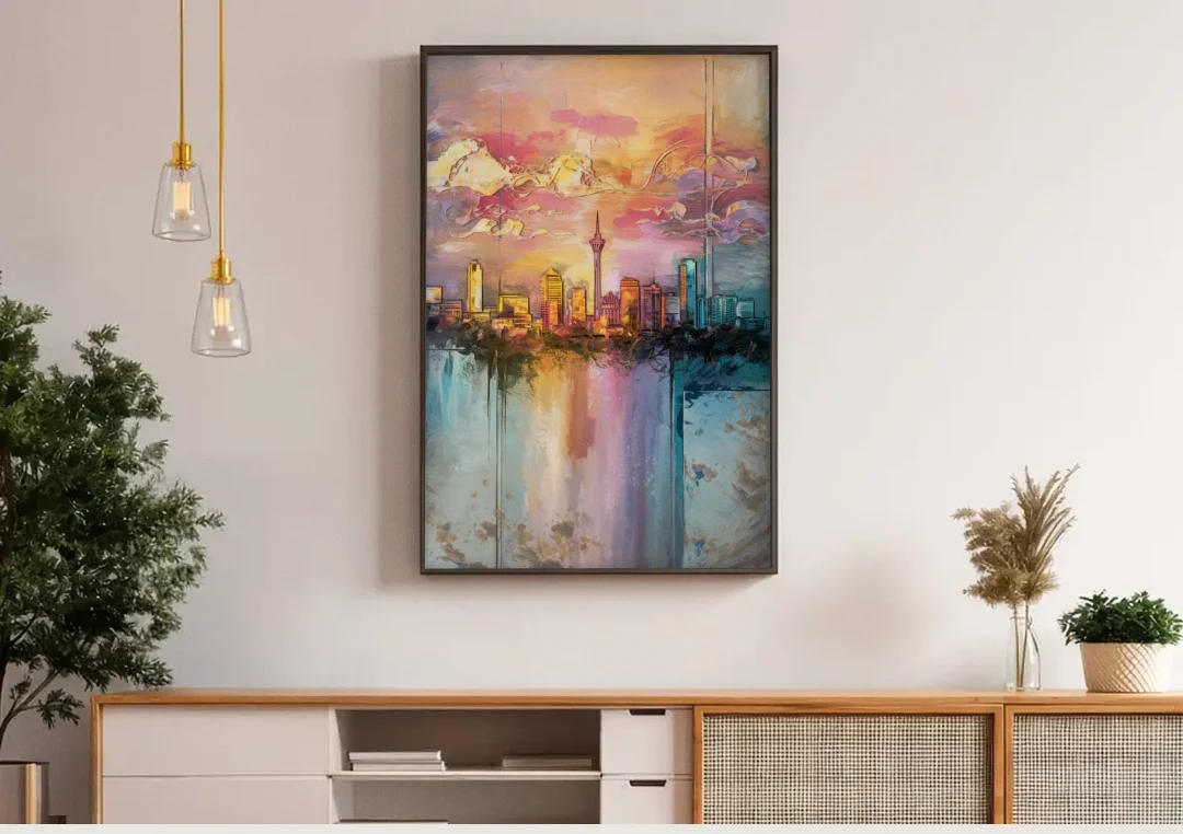 San Antonio Skyline Sunset canvas wall art above a wooden sideboard under pendant lights