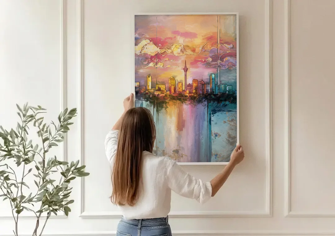 San Antonio Skyline Sunset canvas wall art being hung on a paneled wall