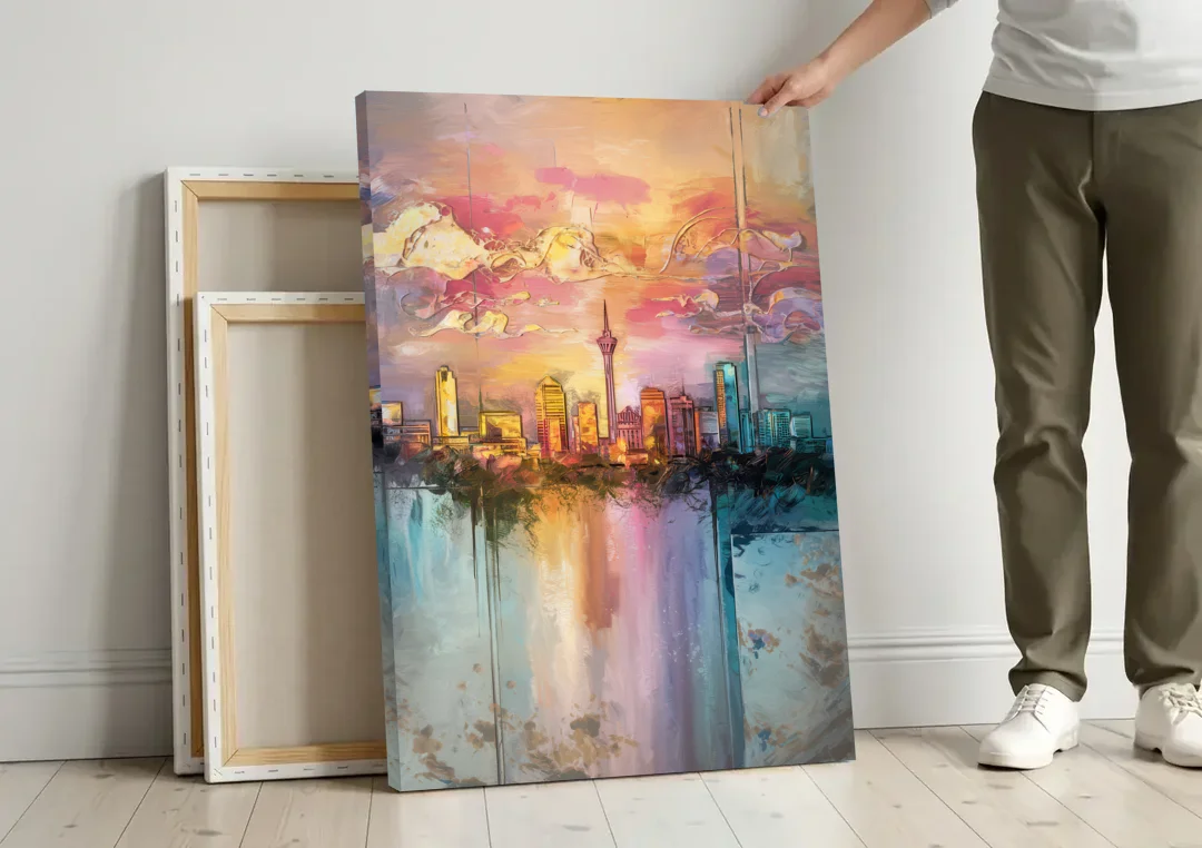 San Antonio Skyline Sunset canvas wall art leaning against a wall next to blank canvases