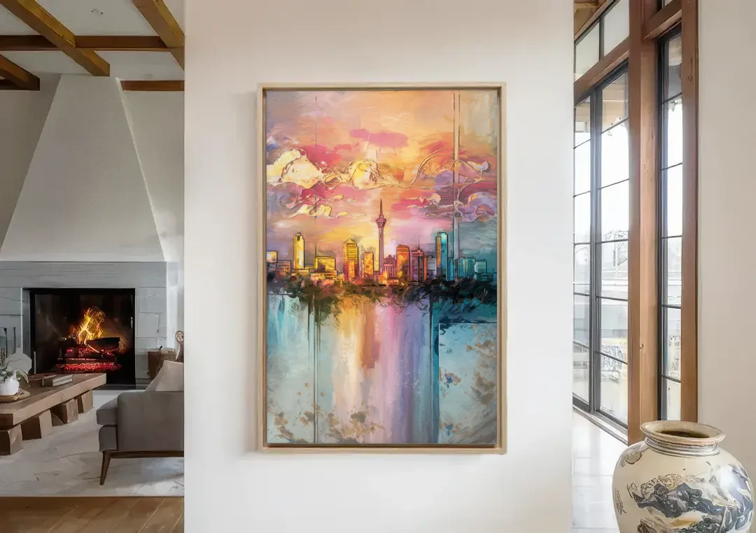 San Antonio Skyline Sunset canvas wall art in a living room with a fireplace