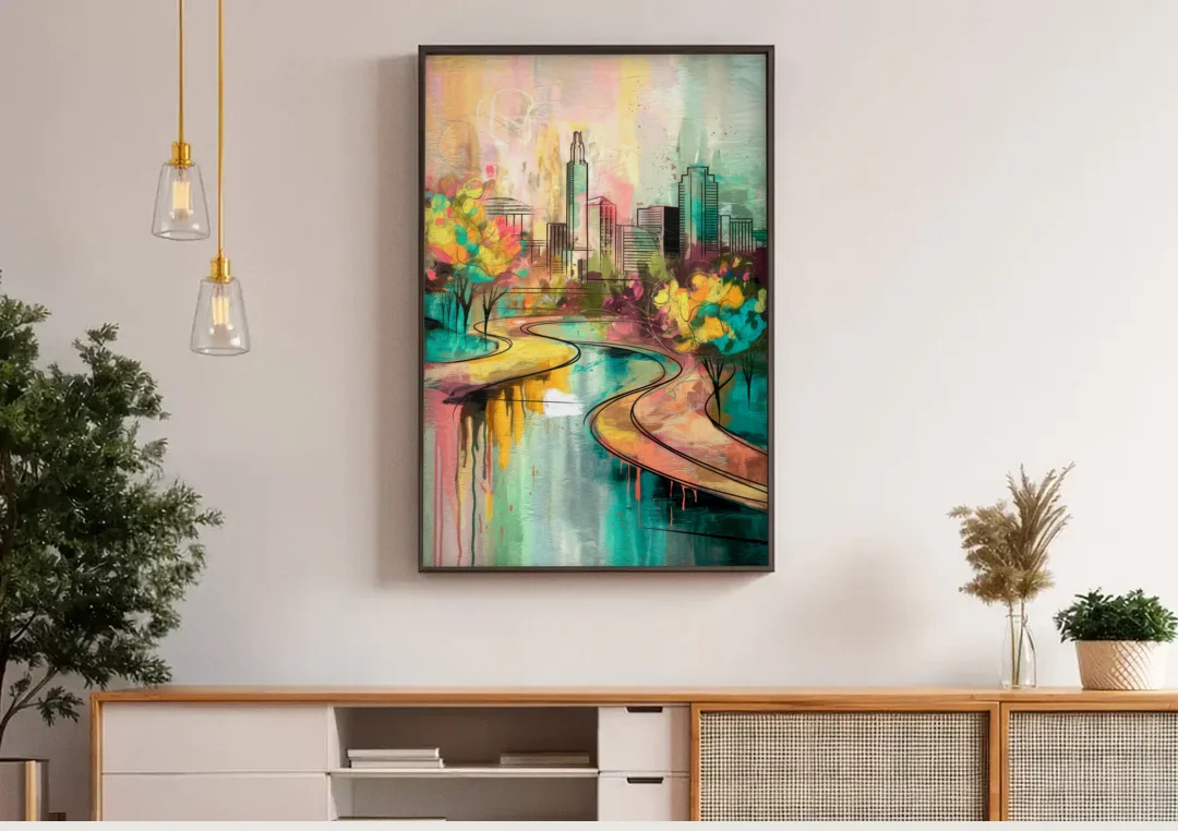 San Antonio Urban Street Art canvas wall art above a wooden sideboard under pendant lights