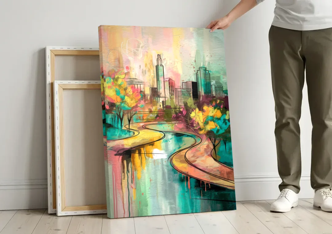 San Antonio Urban Street Art canvas wall art leaning against a wall next to blank canvases