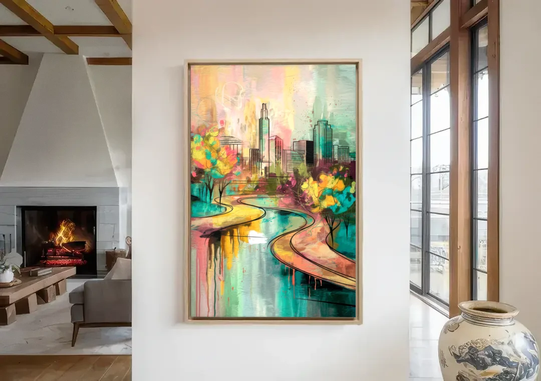 San Antonio Urban Street Art canvas wall art in a living room with a fireplace