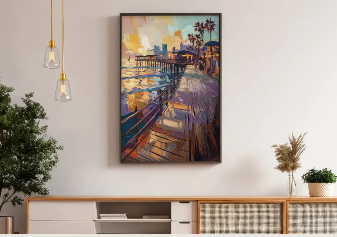 San Diego Boardwalk Scenes canvas wall art above a wooden sideboard under pendant lights