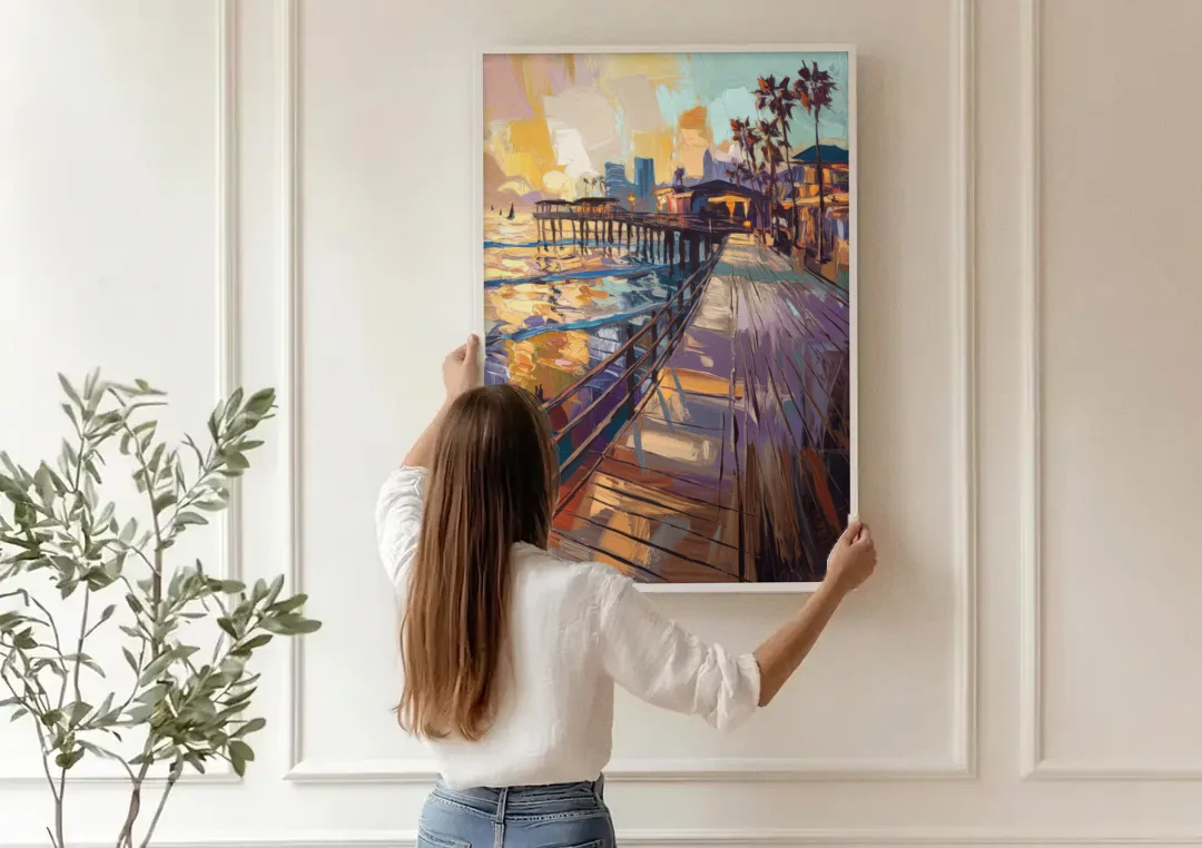 San Diego Boardwalk Scenes canvas wall art being hung on a paneled wall