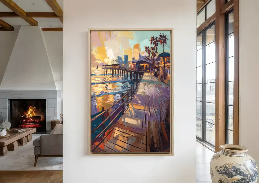 San Diego Boardwalk Scenes canvas wall art in a living room with a fireplace