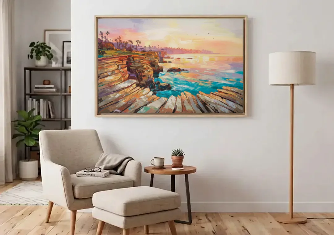 San Diego Coastal Cliffs canvas wall art above an armchair in a bright living room