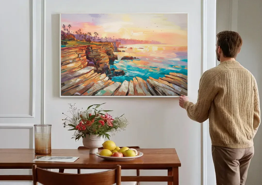 San Diego Coastal Cliffs canvas wall art above a dining table