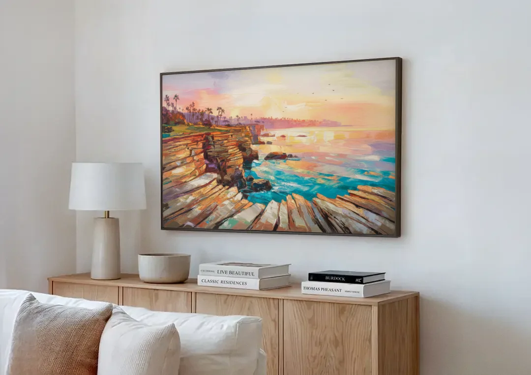 San Diego Coastal Cliffs canvas wall art above a wooden sideboard next to a sofa