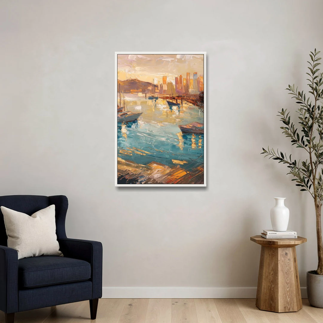 San Diego Harbor View Coastal - White Framed Canvas Wall Art - Sofa - 24x36