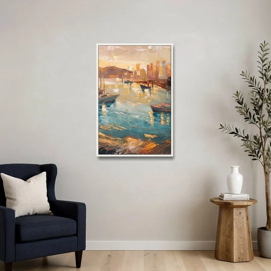 San Diego Harbor View Coastal - White Framed Canvas Wall Art - Sofa - 24x36