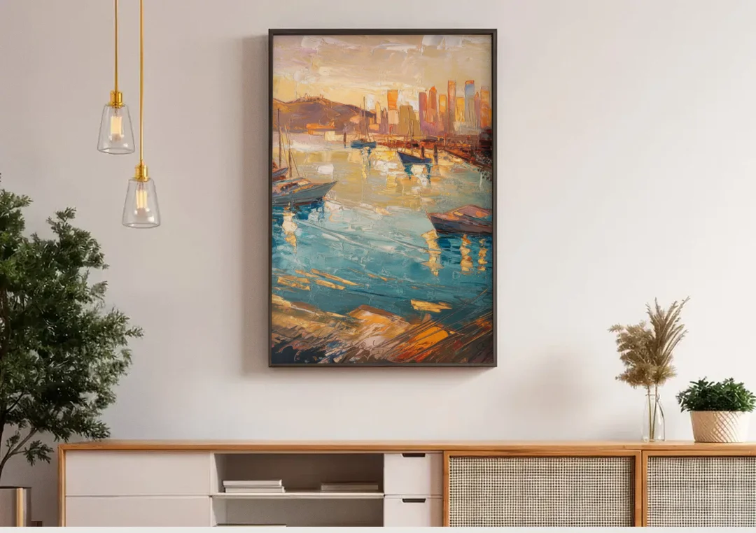 San Diego Harbor View Coastal canvas wall art above a wooden sideboard under pendant lights
