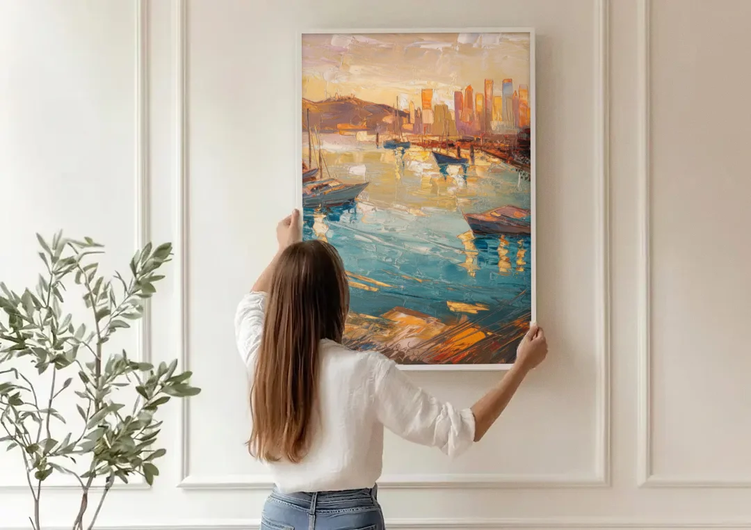 San Diego Harbor View Coastal canvas wall art being hung on a paneled wall