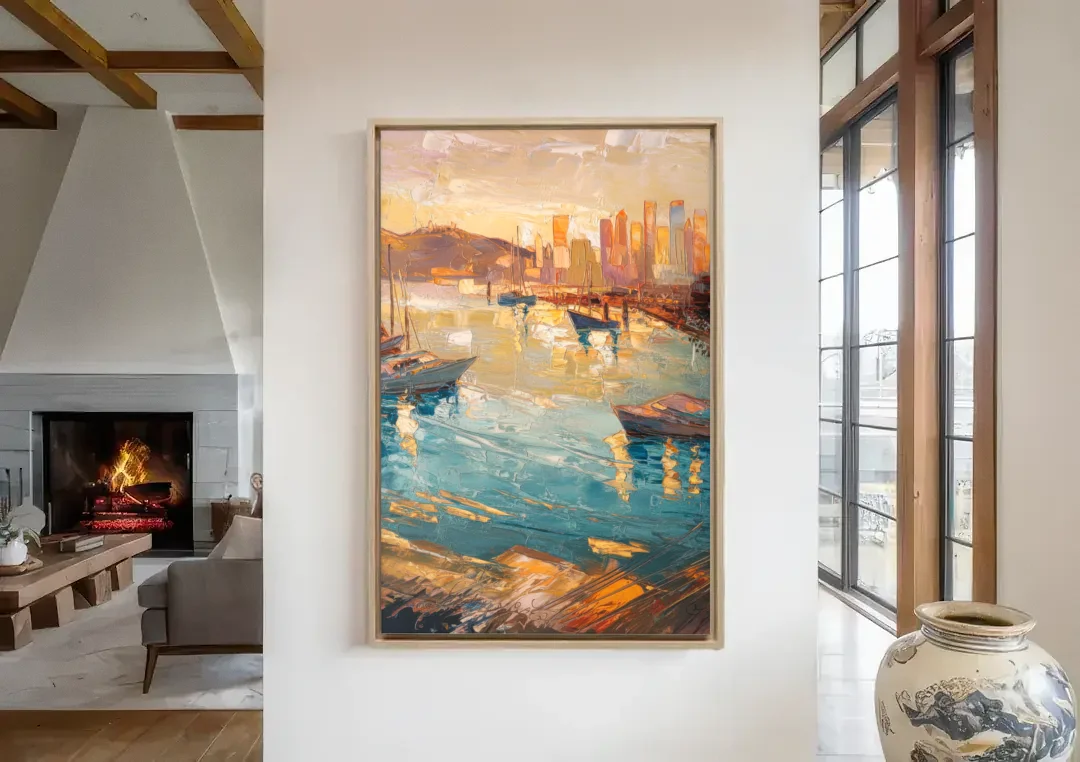 San Diego Harbor View Coastal canvas wall art in a living room with a fireplace