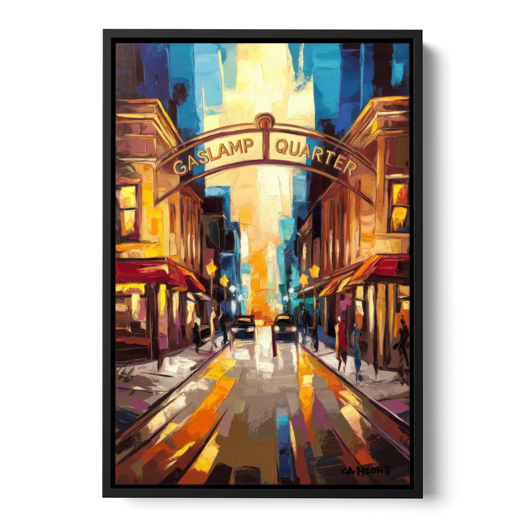 San Diego Historic Gaslamp District - Black Framed Canvas Wall Art - Front