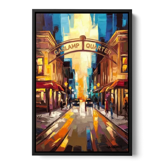 San Diego Historic Gaslamp District - Black Framed Canvas Wall Art - Front
