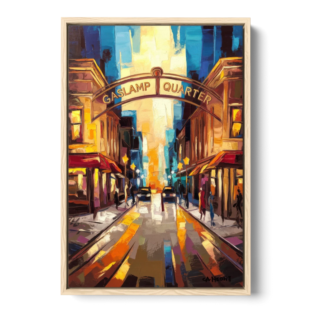 San Diego Historic Gaslamp District - Oak Framed Canvas Wall Art - Front