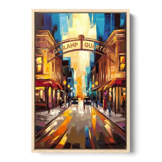 San Diego Historic Gaslamp District - Oak Framed Canvas Wall Art - Front